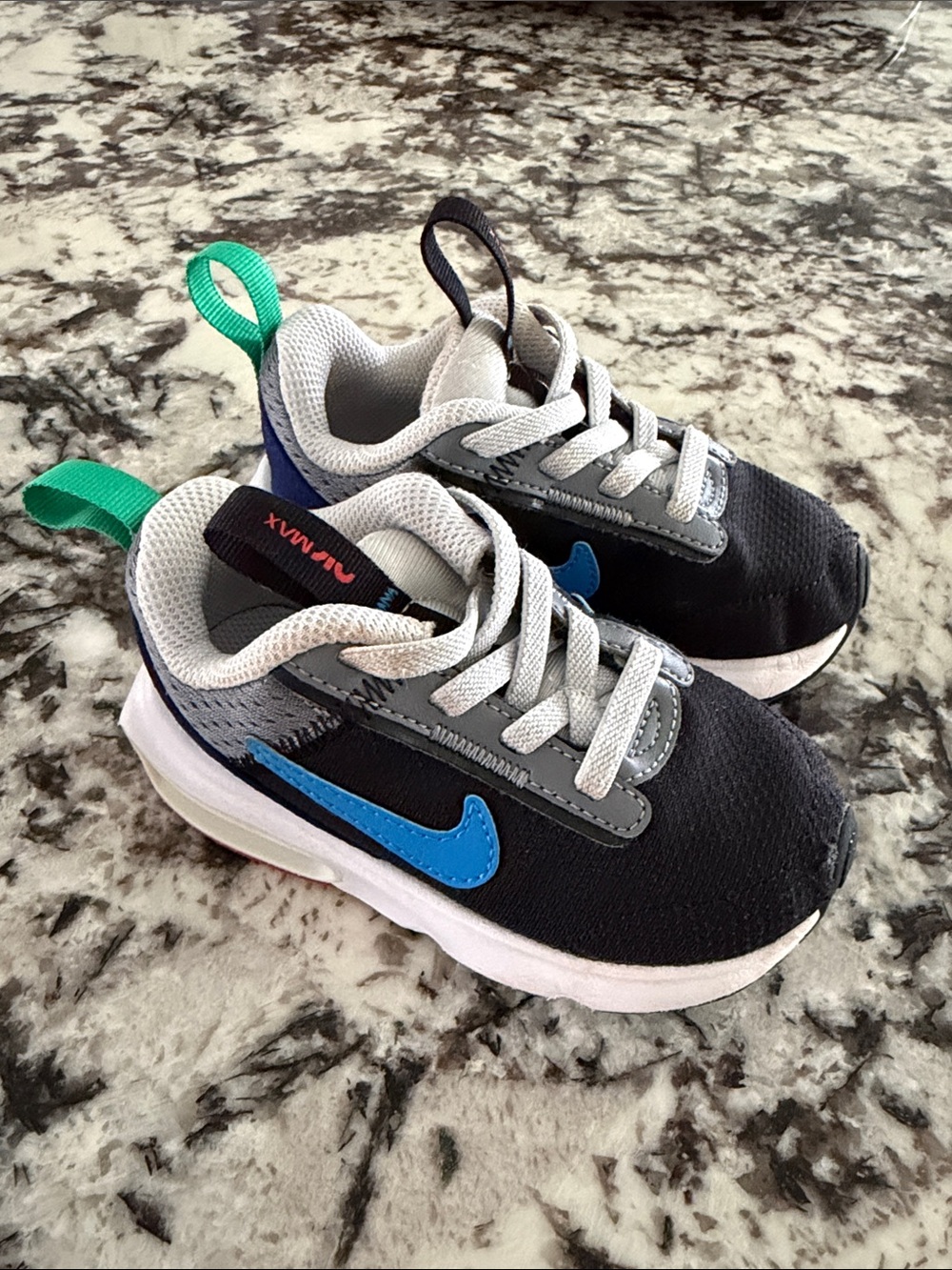 Nike Air Max Kids Black Sneakers with Blue Swoosh and Green Pull Tabs